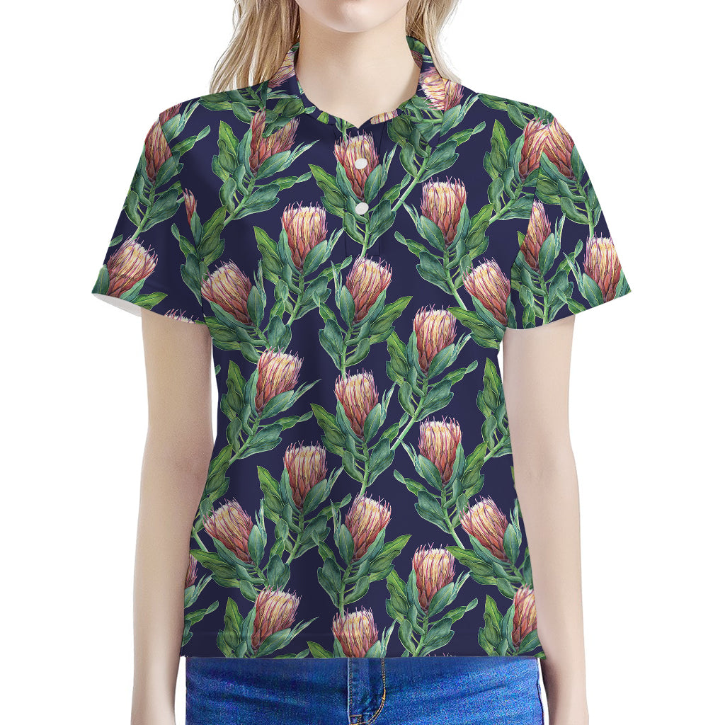 Watercolor Protea Pattern Print Women's Polo Shirt