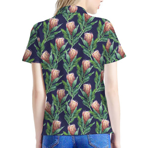 Watercolor Protea Pattern Print Women's Polo Shirt