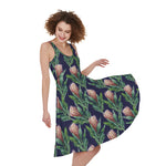 Watercolor Protea Pattern Print Women's Sleeveless Dress