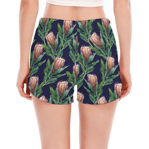 Watercolor Protea Pattern Print Women's Split Running Shorts