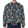 Watercolor Protea Pattern Print Zip Sleeve Bomber Jacket