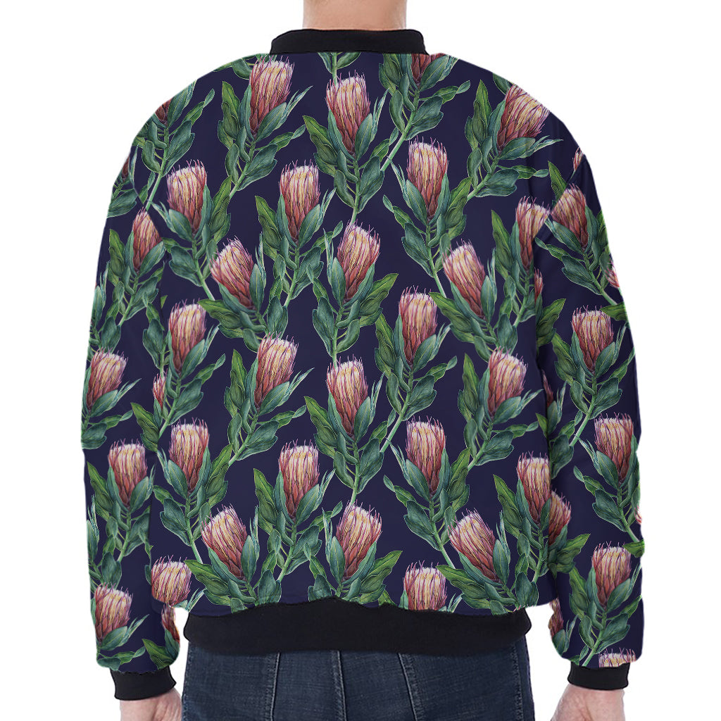 Watercolor Protea Pattern Print Zip Sleeve Bomber Jacket