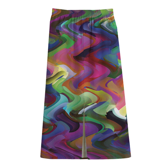 Watercolor Psychedelic Print Cotton Front Slit Maxi Skirt
