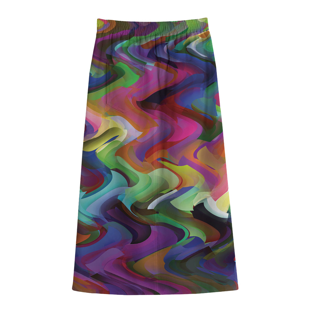 Watercolor Psychedelic Print Cotton Front Slit Maxi Skirt