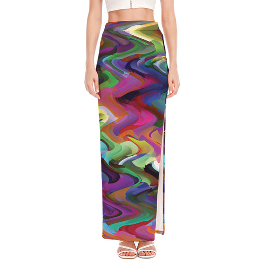 Watercolor Psychedelic Print High Slit Maxi Skirt