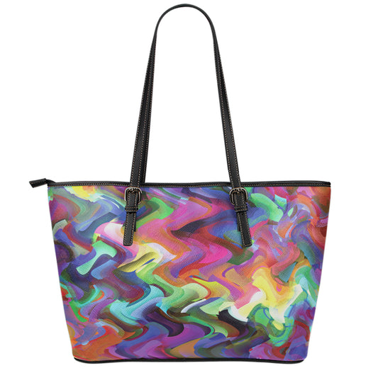 Watercolor Psychedelic Print Leather Tote Bag