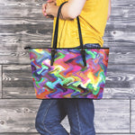 Watercolor Psychedelic Print Leather Tote Bag