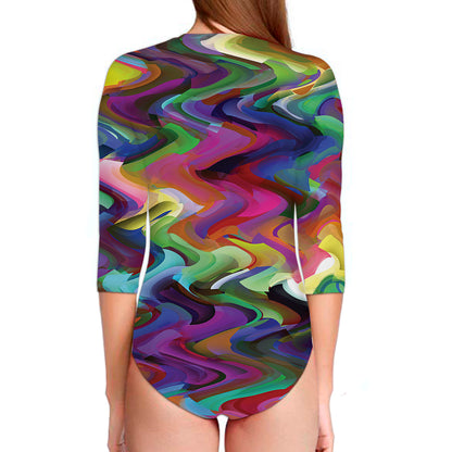 Watercolor Psychedelic Print Long Sleeve Swimsuit