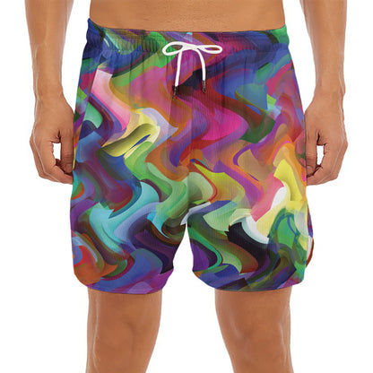 Watercolor Psychedelic Print Men's Split Running Shorts