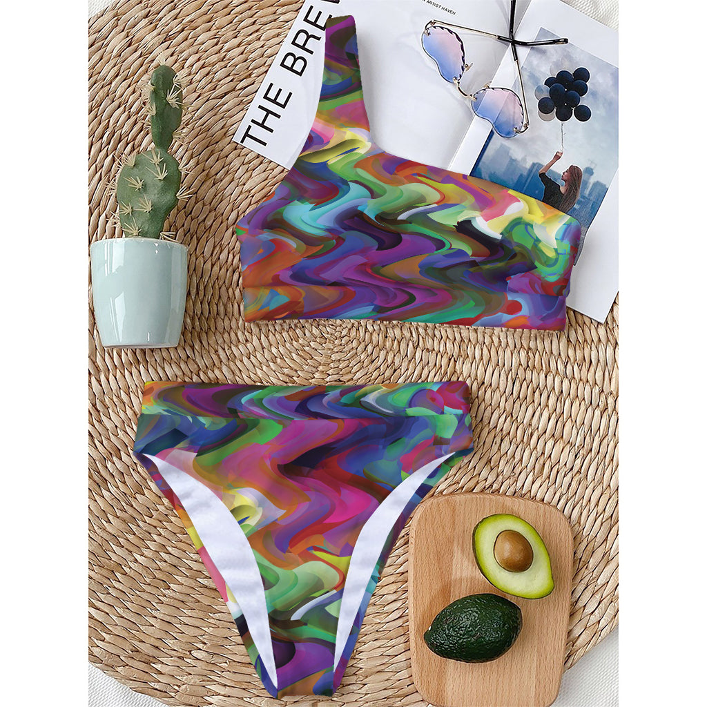 Watercolor Psychedelic Print One Shoulder Bikini Top
