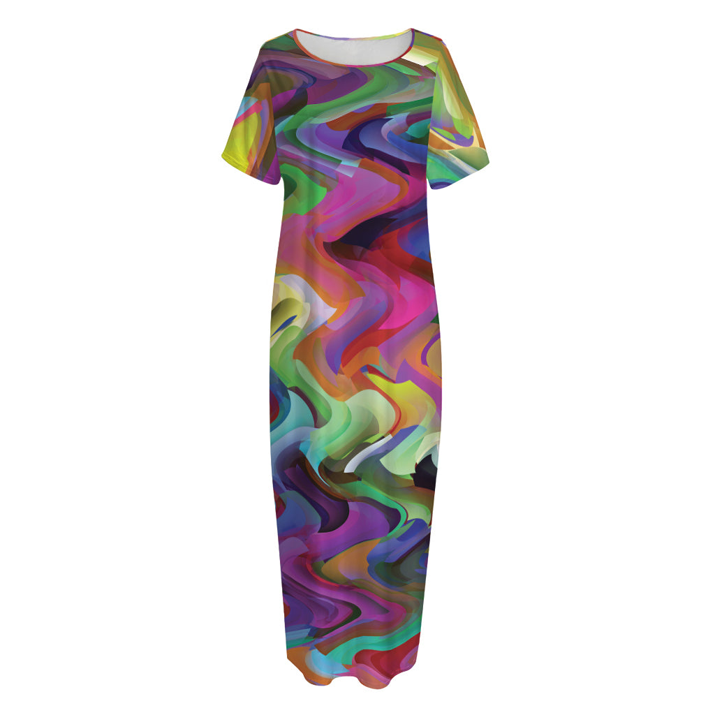 Watercolor Psychedelic Print Short Sleeve Long Nightdress