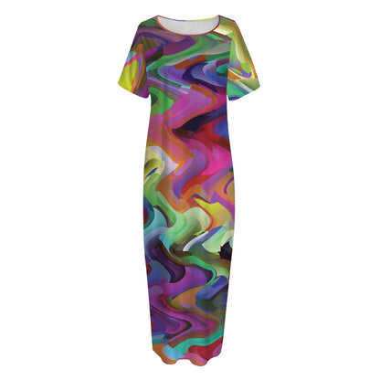 Watercolor Psychedelic Print Short Sleeve Long Nightdress