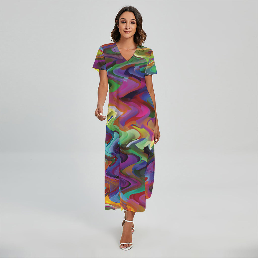 Watercolor Psychedelic Print Short Sleeve Maxi Dress