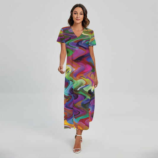 Watercolor Psychedelic Print Short Sleeve Maxi Dress