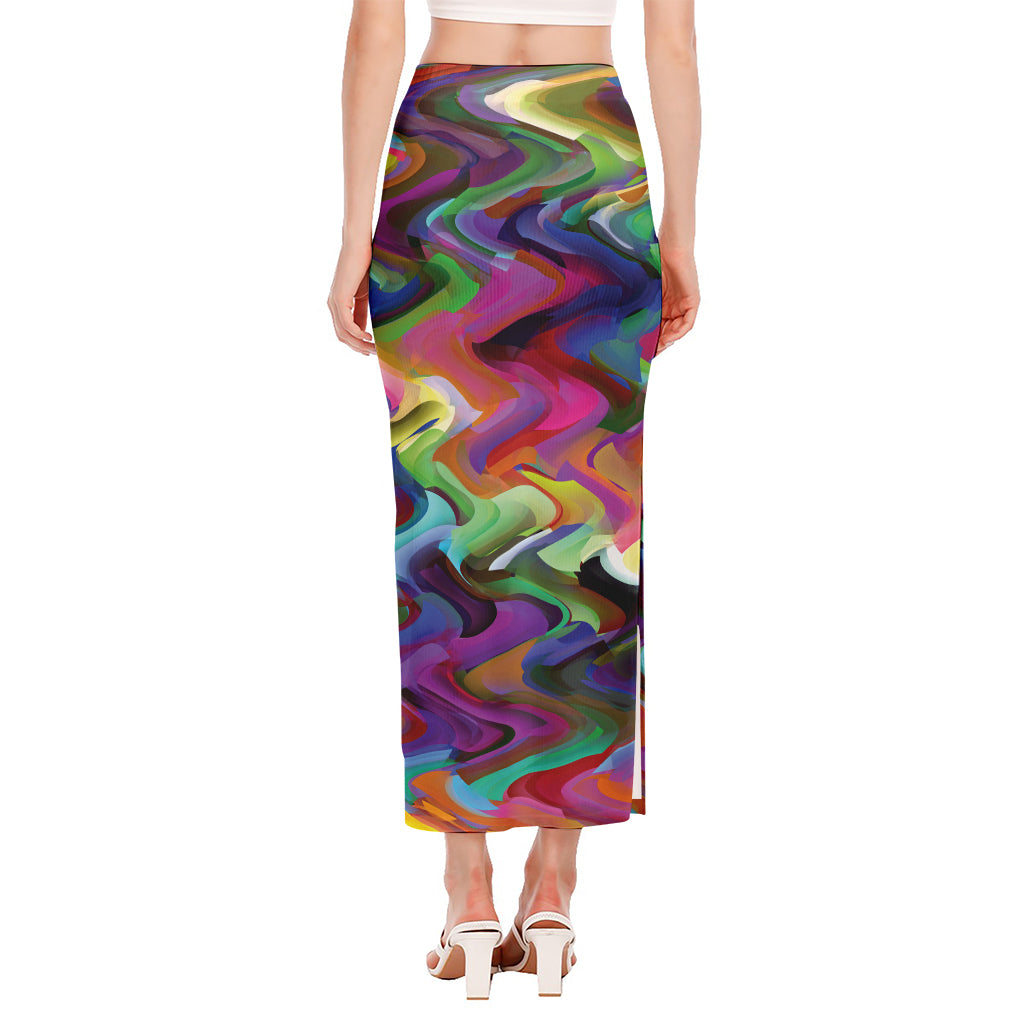 Watercolor Psychedelic Print Side Slit Maxi Skirt