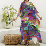 Watercolor Psychedelic Print Silk V-Neck Kaftan Dress