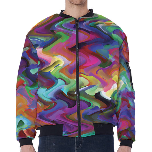 Watercolor Psychedelic Print Zip Sleeve Bomber Jacket