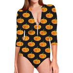Watercolor Pumpkin Pattern Print Long Sleeve Swimsuit