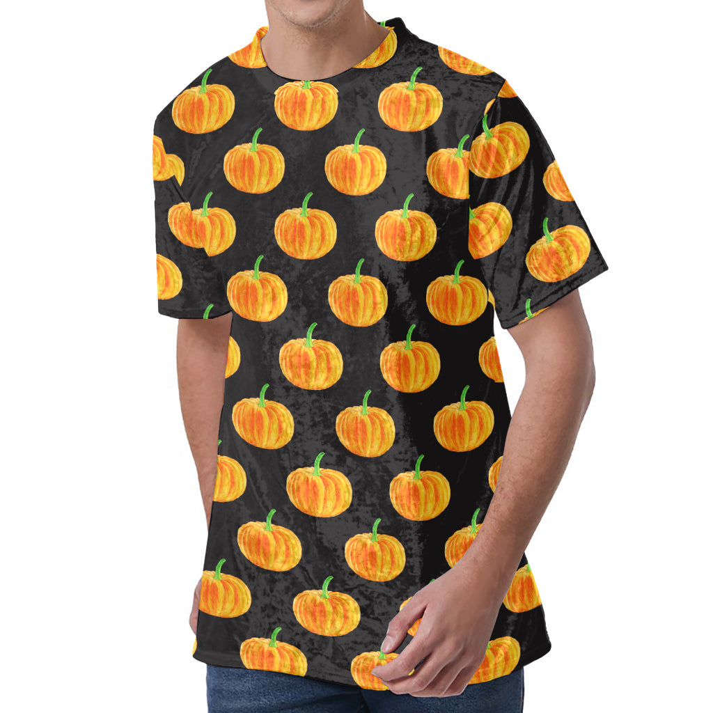 Watercolor Pumpkin Pattern Print Men's Velvet T-Shirt
