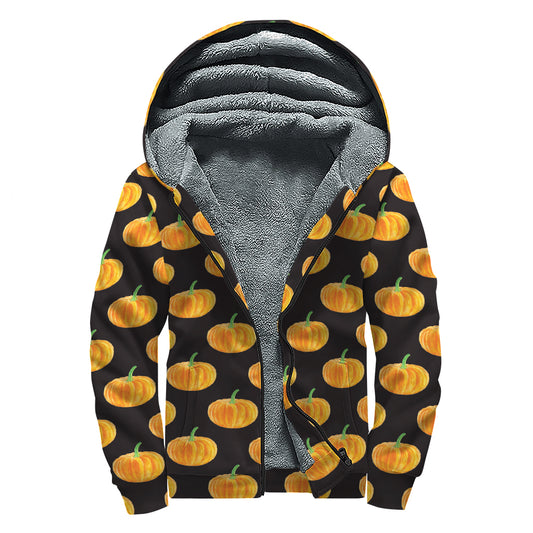 Watercolor Pumpkin Pattern Print Sherpa Lined Zip Up Hoodie