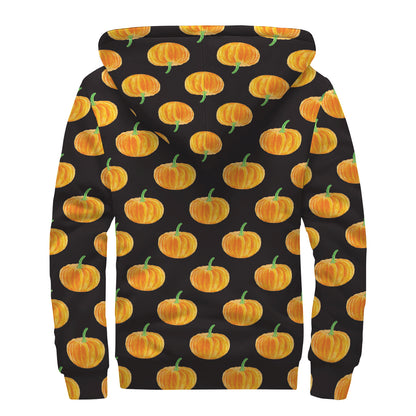 Watercolor Pumpkin Pattern Print Sherpa Lined Zip Up Hoodie
