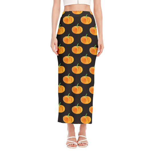 Watercolor Pumpkin Pattern Print Side Slit Maxi Skirt