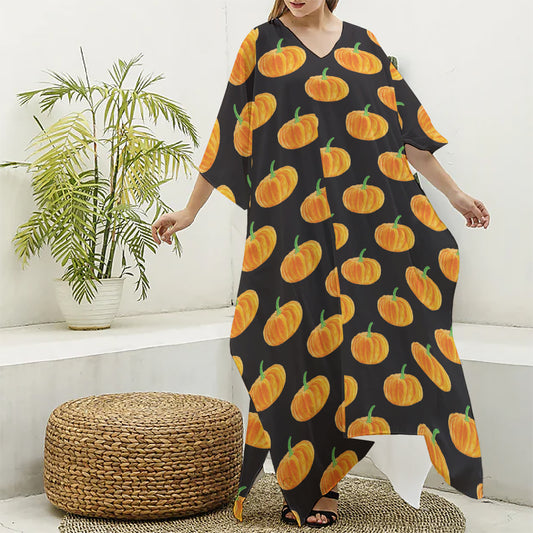 Watercolor Pumpkin Pattern Print Silk V-Neck Kaftan Dress