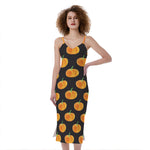Watercolor Pumpkin Pattern Print Slim Fit Midi Cami Dress