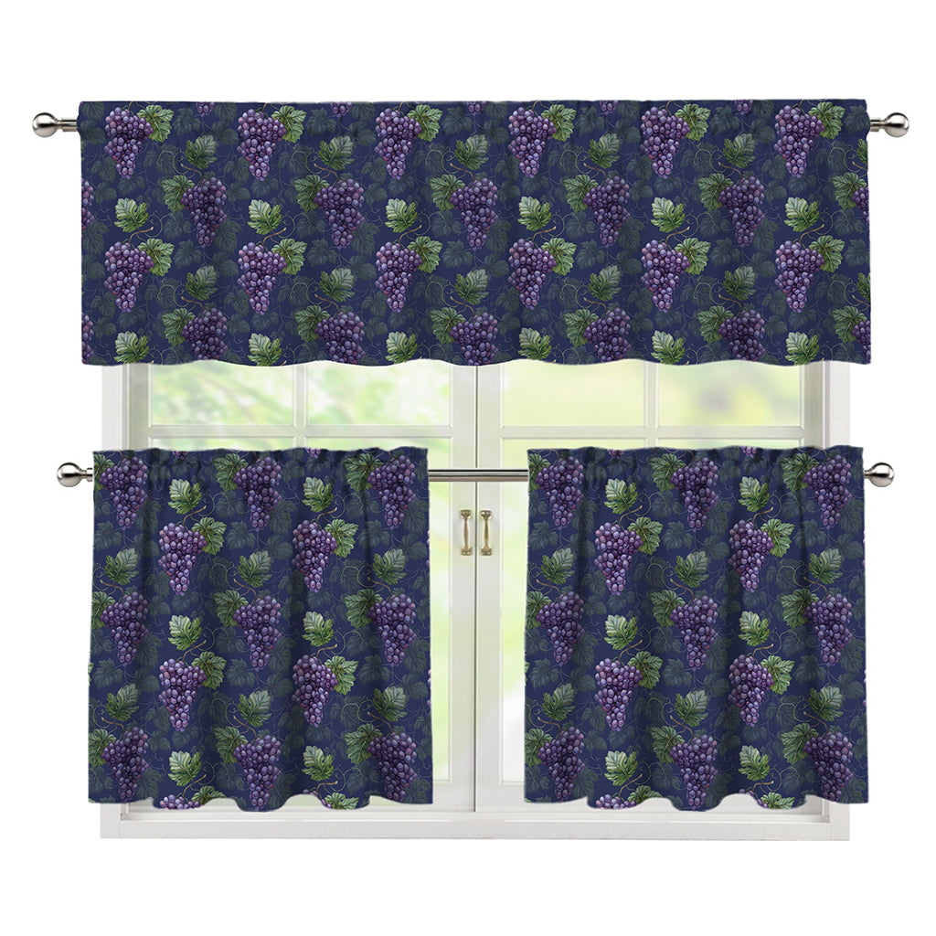 Watercolor Purple Grapes Pattern Print 3 Piece Kitchen Curtains