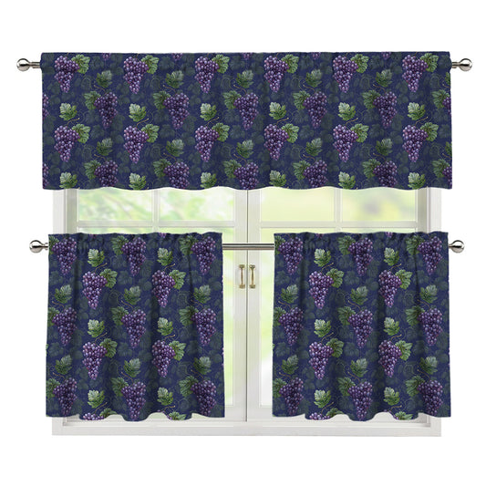 Watercolor Purple Grapes Pattern Print 3 Piece Kitchen Curtains