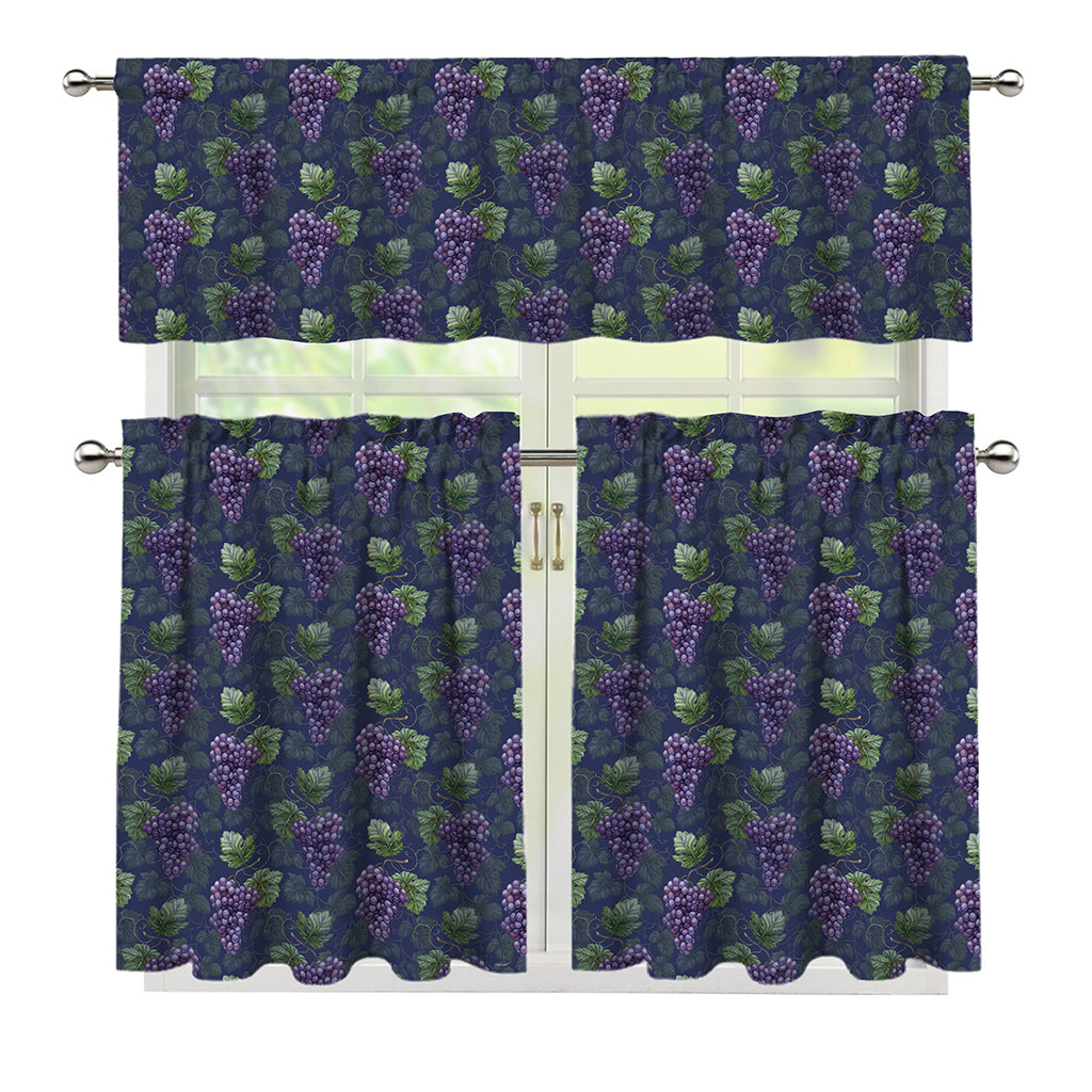 Watercolor Purple Grapes Pattern Print 3 Piece Kitchen Curtains