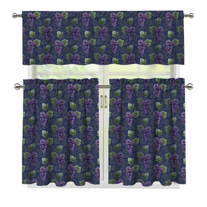 Watercolor Purple Grapes Pattern Print 3 Piece Kitchen Curtains