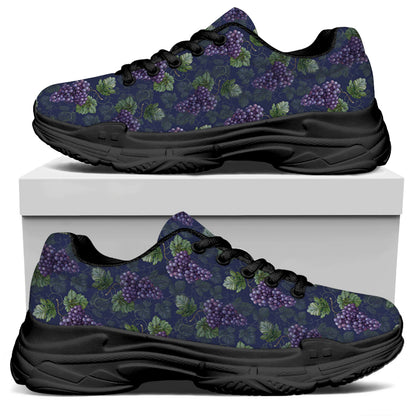 Watercolor Purple Grapes Pattern Print Black Chunky Shoes