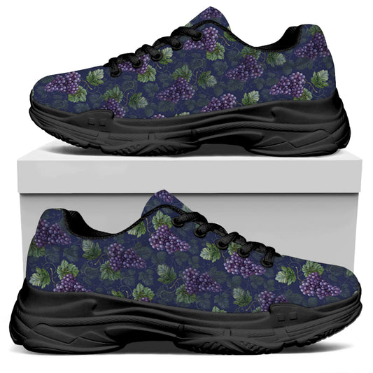 Watercolor Purple Grapes Pattern Print Black Chunky Shoes
