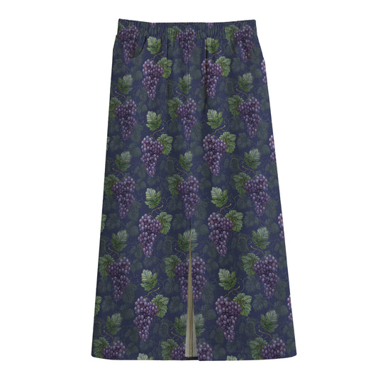 Watercolor Purple Grapes Pattern Print Cotton Front Slit Maxi Skirt
