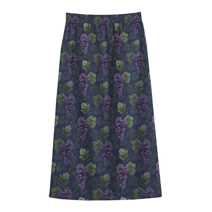 Watercolor Purple Grapes Pattern Print Cotton Front Slit Maxi Skirt