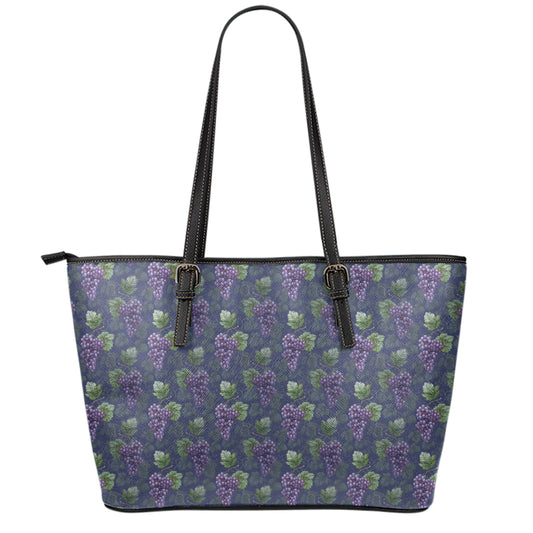 Watercolor Purple Grapes Pattern Print Leather Tote Bag
