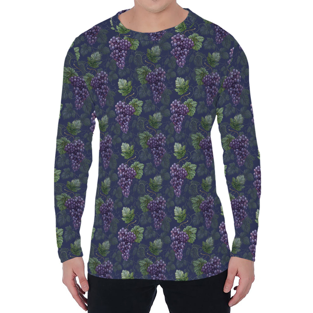 Watercolor Purple Grapes Pattern Print Men's Long Sleeve T-Shirt