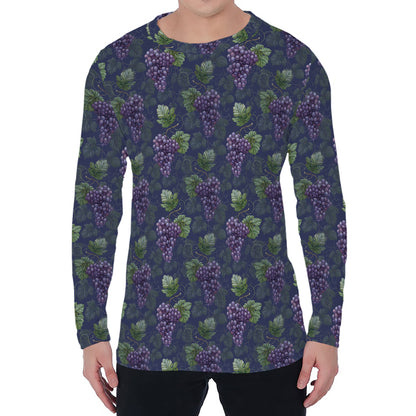 Watercolor Purple Grapes Pattern Print Men's Long Sleeve T-Shirt