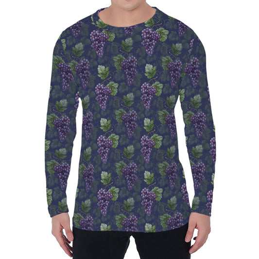 Watercolor Purple Grapes Pattern Print Men's Long Sleeve T-Shirt