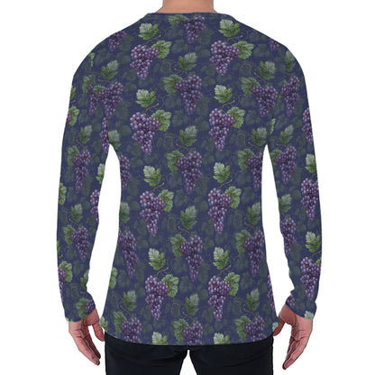 Watercolor Purple Grapes Pattern Print Men's Long Sleeve T-Shirt