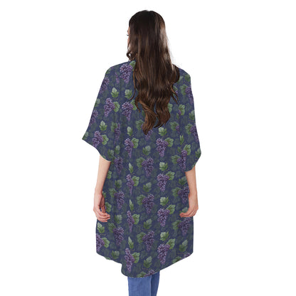 Watercolor Purple Grapes Pattern Print Open Front Beach Cover Up