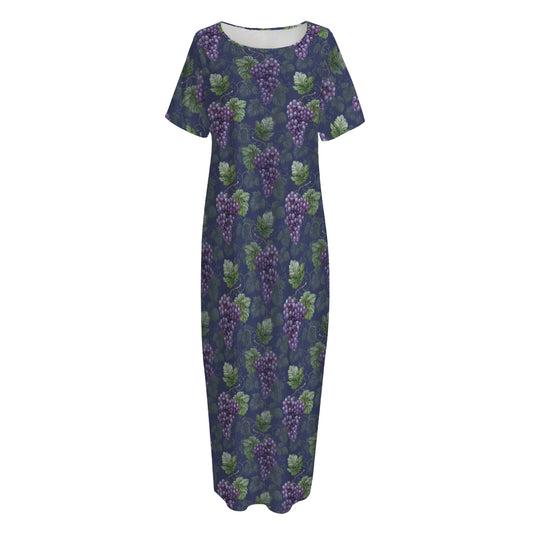 Watercolor Purple Grapes Pattern Print Short Sleeve Long Nightdress