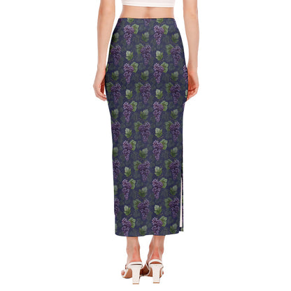 Watercolor Purple Grapes Pattern Print Side Slit Maxi Skirt