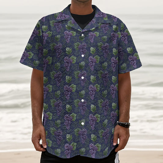 Watercolor Purple Grapes Pattern Print Textured Short Sleeve Shirt