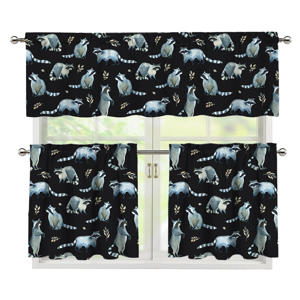 Watercolor Raccoon Pattern Print 3 Piece Kitchen Curtains