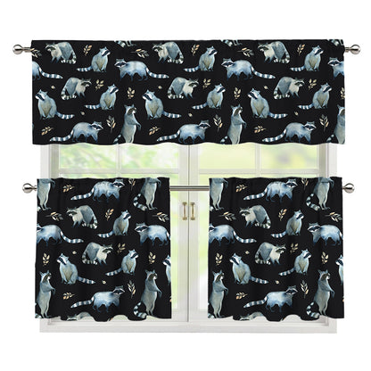 Watercolor Raccoon Pattern Print 3 Piece Kitchen Curtains