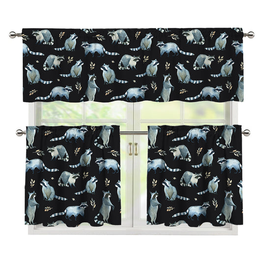 Watercolor Raccoon Pattern Print 3 Piece Kitchen Curtains