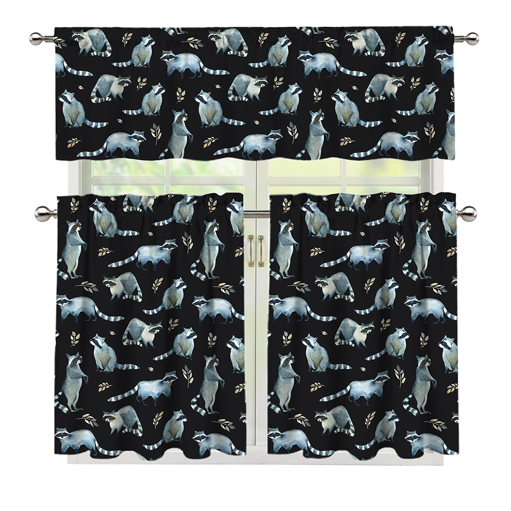 Watercolor Raccoon Pattern Print 3 Piece Kitchen Curtains