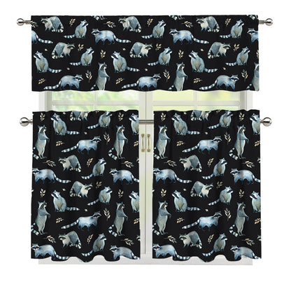 Watercolor Raccoon Pattern Print 3 Piece Kitchen Curtains